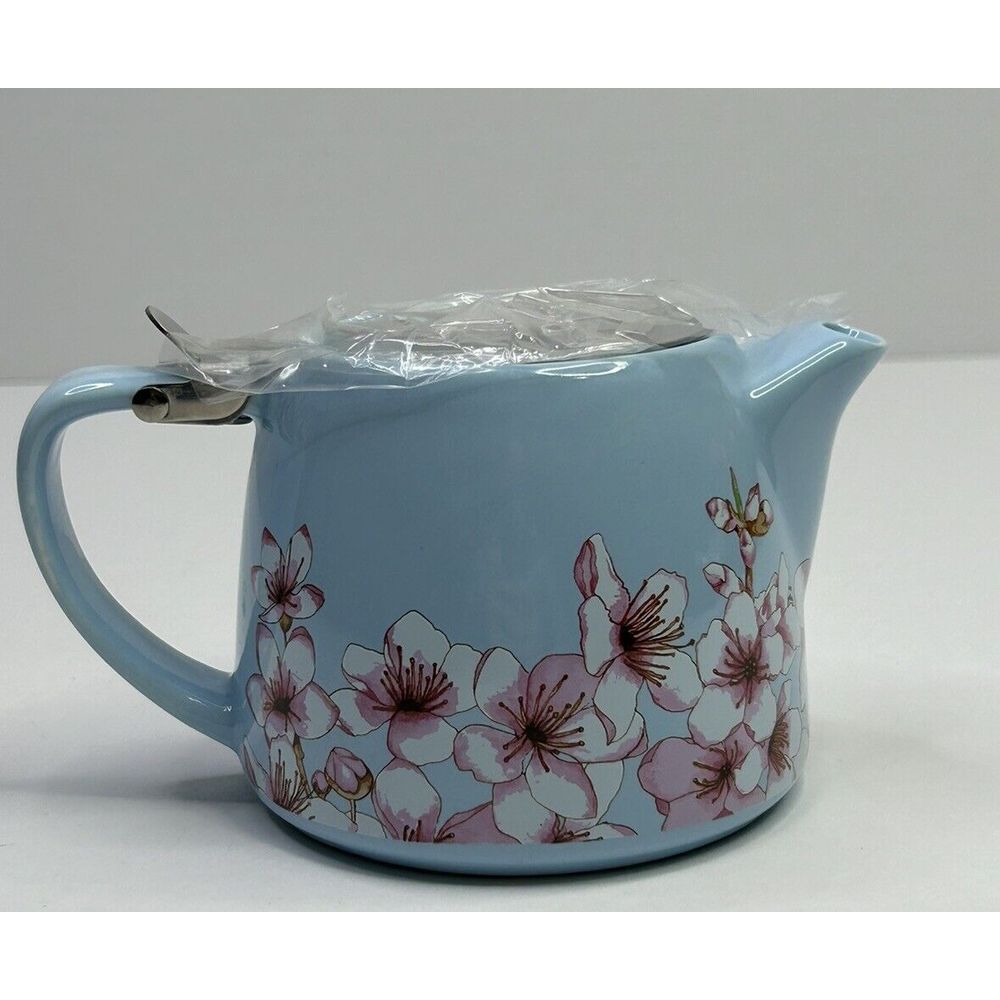 New Alfred Ceramic Teapot + Infuser 16 oz Blue Floral Cherry Blossom New Small